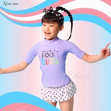 小薇的店 台灣製 夢幻紫英字圖 女童五分袖二件式裙款泳裝 (S-L)