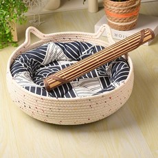 여름용 라탄 고양이집 사계절 사용 가능 쿨 고양이 스크레쳐 하우스, 1개, 블루 쿠션+베개+쿨링 매트