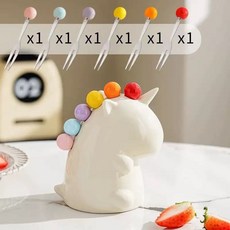 獨角獸水果叉套裝 不鏽鋼點心叉 甜品叉 造型收納筒 創意餐桌裝飾, 白色, 1個