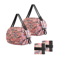 (1+1) 모니즈 한손쏙 3초백 롤업 접이식가방 초경량 장바구니 에코백, 1세트, 핑크카모 x 2P