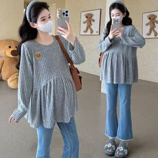 봄 임산부 외출복 프렌치 루즈핏 임부 니트 임산부 긴팔티 캐주얼 임부복 긴소매 상의 YSQ