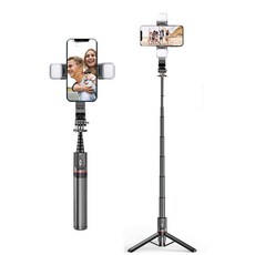雙補光燈藍牙自拍棒 桌面三腳架 補光燈自拍棒 自拍桿 手機支架 自拍神器 落地支架 藍芽自拍棒, 黑色, 1個, l13d