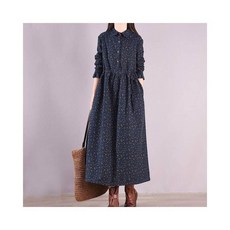 中年女裝收腰顯瘦加絨加厚印花翻領長袖連衣裙，優雅媽媽裝大碼寬鬆休閒冬季洋裝, 藍色