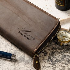 【BRAVOMART】瘋馬皮男士皮夾 復古頭層牛皮真皮手拿包 可刻字生日禮物, 咖啡色,免費刻字/刻字左側下