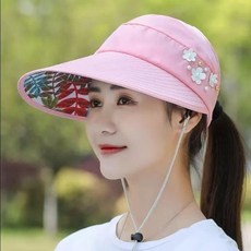 Sizgen 遮陽帽女夏季戶外防曬空頂帽, M002三朵花粉色送防風繩,自由調節均碼