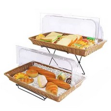 빵진열대 베이커리 카페 트레이 pp 라탄 방진 쿠키 베이커리진열대 마트 디저트 선반 평면, 1개, 베이지 2칸 42x28x6+덮개+선반