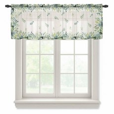 유칼립투스 잎 시어 밸런스 커튼 주방 거실 장식용 봄 꽃 여름 녹색 잎 세미 시어 커튼 보일 밸런스 로드 포켓 창문 처리 짧은 커튼 패널 137.2cm x 45.7cm(