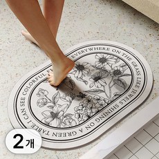1+1 빨아쓰는 규조토 발매트 세트 플라워 패턴 폭신 물흡수 매트 인테리어 발판 받침 반원형 타원형 현관 욕실 주방 화장실 소품, 2개입, R99713C(타원형 + 반원형 플라워가든 A타입, 1세트