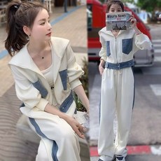 女生運動套裝 兩件式休閒套裝 大尺碼韓版顯瘦 時尚撞色開衫連帽衛衣闊腿褲兩件套