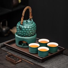 創意新中式蠟燭溫茶器套裝，暖茶爐底座家用茶壺，茶道圍爐烤茶，品味東方禪意生活, 1個, RX黛綠溫茶爐+燭拖+10顆蠟燭,【圖片爲準】