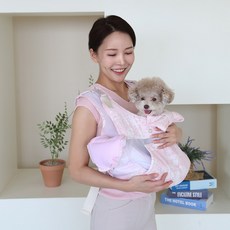 베베파우 강아지 고양이 감탄 이동앞가방 전면오픈 산책 여름 메쉬망 슬링백 프론트백, 핑크, 1개