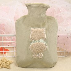 冬季必備 註水式熱水袋 安全保暖 可插手熱水袋灌水加厚暖手寶寶註水防爆暖水袋學生毛絨可愛暖肚子, 背影熊綠色（1250ML)