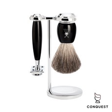 CONQUEST 德國 MUHLE 穆勒 VIVO S81M336SR 頂級三件修容套組 紳士手動刮鬍刀 拋光黑, 1個