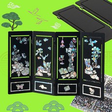 전통 나전칠기 인쇄 우드 미니어처 4폭 검정 병풍 DIY 만들기, 1세트