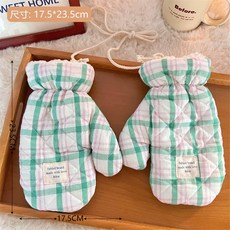 台灣出貨 春夏毛絨加厚格紋手套 少女防風防寒連指手套 掛脖式保暖騎行手套, 1#綠色格紋手套