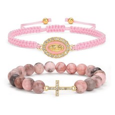 Bolinailo 여성용 십자가 팔찌 - 천연 화이트 스톤 및 브레이드 코드가 있는 가톨릭 팔찌 기독교 남성 여성을 위한 종교 선물 십자가 및 성모 마리아 참이 있는 신앙, 핑크