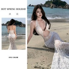 韓系比基尼分體三件套長裙鏤空掛脖性感透視蕾絲純色顯瘦溫泉泳衣, 白色【高檔加厚】,M【建議85-95斤】