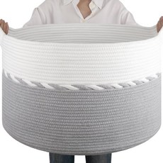 OIAHOMY 거실용 90L 담요 바구니 손잡이가 달린 대형 바구니 58.4 x 58.4 x 33cm(23 x 23 x 13인치) 담요 베개 어린이 강아지용 장난감, 23" x 23" x 13", 그레이 & 화이트