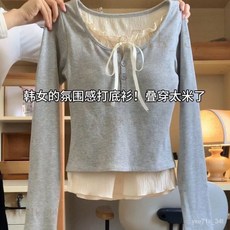 蝴蝶結假兩件長袖上衣- 韓系芭蕾風修身顯瘦內搭 (帶胸墊), 藍色（帶胸墊）德絨面料假兩件,L【建議體重47-52公斤】