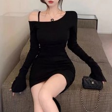 아이엠몽 여성 원 숄더 스트랩 사선 라인 미니 원피스