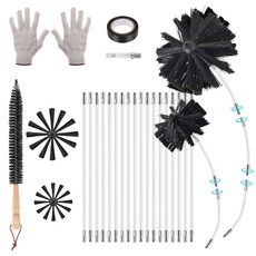 굴뚝 청소 브러시 세트 세탁기 파이프 브러시 그을음 청소 막대 연통 연도연관 청소솔 하수구 청소용 브러시 18개의 부드러운 나일론 봉 브러시 포함 장갑 및 기타 액세서리, 1세트, BLACK WHITE