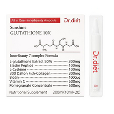Dr.Diet 陽光穀胱甘肽10X全效合一內在美安瓶 L-半胱胺酸 膠原蛋白 維他命C 彈力蛋白 生物素, 陽光穀胱甘肽10X 10ml x 20入, 1個