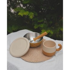 MEROWARE TAMI 不鏽鋼兒童隔熱碗400ML 三色可選【搭贈316不鏽鋼兒童湯匙 台灣製 】, 奶茶啡 + 焦糖, 1個, 碗、蓋子、湯匙