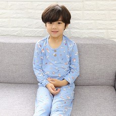 행복한쇼핑몰 남아용 무형광 피치 기모 블루 퍼피스타 상하의 긴팔 세트