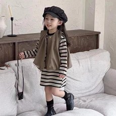 【Arbea】女童套裝韓版馬甲背心加條紋打底衫兩件套春秋裝新款童裝【C995】