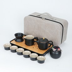 DIU 旅行茶具套裝茶盤家用功夫茶具戶外可攜式泡茶壺陶瓷商務禮品, 1個, 經典黑/九陶壺茶具套裝:如圖