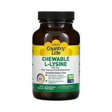 Country Life 컨트리 라이프 츄어블 L 라이신 및 비타민D 엘더베리 300mg 60 츄어블정 콜레칼시페롤 전해질 함유, 1개, 60정