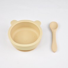 寶寶矽膠餐具組 小熊造型 安全無毒防滑吸盤學習餐具, 米白色(碗+湯匙), 1個