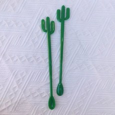 귀여운 선인장 머들러 카페 하이볼 재사용 롱스푼 연한 초록 식물 기둥 6개 1개, 진한 초록 식물 기둥 2개