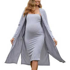 DEBELLY 임산부 투피스 세트 무릎 길이 바디콘 드레스 투명 스트랩 포함 긴소매 가디건 베이비 샤워 겨울용 회색. M