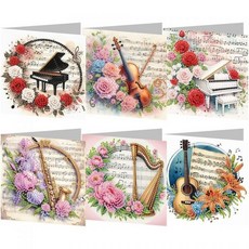 피그보스 6팩 뮤직 다이아몬드 페인팅 인사말 카드 키트 특별한 모양의 플라워 피아노 바이올린 기타 아트 생일 음악 애호가의 휴일 축복을 위한 봉투 포함, Red