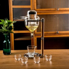 日本酒樽 裝飾酒樽 清酒酒具 冷酒器 頂針式冰酒器 滴漏酒樽 日式玻璃溫酒清酒壺套裝, 1個, 日式龍頭銀色冰酒器 透明公道杯 4個清酒