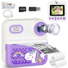 키즈 카메라 인스턴트 프린트 32GB 카드 포함 1080p 영상 2.4인치 화면 전면 후면 듀얼 셀카 완벽한 크리스마스 생일 선물 휴대용 여행용 장난감, Purple, 보라색