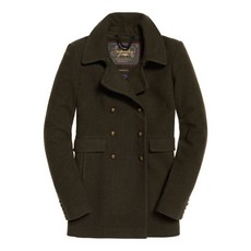 極度乾燥 Superdry 女款 羊毛海軍呢外套 卡其 軍綠 雙排扣 翻領大衣, 深卡其軍綠,L, 1個