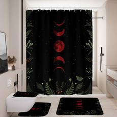 4 PCs Gold Moon Phase Bathroom Set Gothic Shower Curtain 60x72 Inch with Non-Slip Rug U Shaped M, 레드, 60"W x 72"L (Pack of 4)