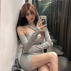 슬림 서스펜더 원피스 앞단추 스냅 바스트 미니 민소매, 그레이205