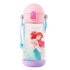 迪士尼 小美人魚 兒童水壺 Tritan材質 一鍵彈蓋 附背帶, 透明, 1個, 470ml