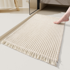 奶油風編織吸水防滑門墊, 40*60cm, 流蘇編織浴室墊-米色