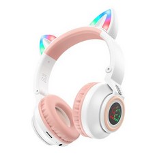에스앤탑 고양이 귀 어린이 무선 초등 유아 키즈 블루투스 LED 헤드셋, 화이트