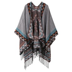 여성용 따뜻한 숄 랩 오픈 프론트 가디건 빈티지 패턴 판초 케이프 스웨터 코트 5 오렌지 단일 사이즈 142290, 5 그레이