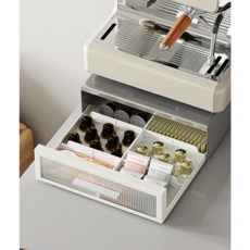 SAIVEINA 홈 다용도 서랍형 커피 머신 받침대 탕빙실 티백 캡슐 칸막이 보관함 아크릴 탄소강 풀아웃 수납함, 가로형, 뉴크림-그레이, 1개