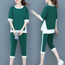AREVI 여름 여자 트레이닝 세트 기질 고급 라운드넥 순면 루즈핏 레저 반팔 7부 바지