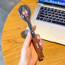 超繪玩 不銹鋼筷子勺子套裝 便攜餐具收納盒, 不銹鋼筷勺-佈朗熊,不銹鋼, 1個