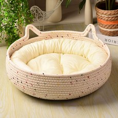 여름용 라탄 고양이집 사계절 사용 가능 쿨 고양이 스크레쳐 하우스, 1개, 화이트 쿠션+베개