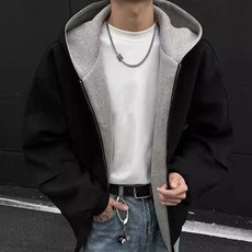 투니스 남성 트렌디 단색 루즈핏 후드 긴소매 재킷