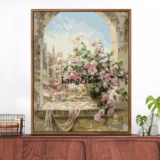 【TangZhen】유화그리기 유화그리기세트 diy 디지털 유화 가방 우편 거실 성인 어린이 손으로 채색 유채화 수제 장식 창문 앞 풍경, 50*65 이너 2.5cm 두께, 1개